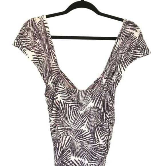 TART Size S Palm Leaf Print Ruched Bodycon Dress Stretch Navy White V-Neck - Picture 8 of 10